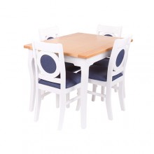 Set masa extensibila Lucky 120(+40)x80 cm + 4 scaune tapitate Lucky cu spatar oval, lemn masiv fag, culoare alb+fag