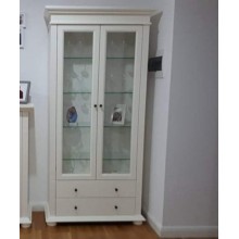 Vitrina lemn masiv Mona, 2 usi cu sticla + 2 sertare, alb