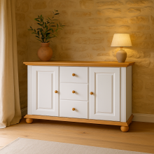 Comoda lemn masiv Seby, 2 usi + 3 sertare, 144x86,5x45 cm